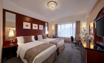 a modern hotel room with two beds , a desk , and a window , decorated in white and brown colors at Hotel Royal
