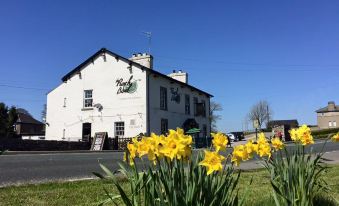 "a white building with a sign that says "" phoebe "" and yellow daffodils in front of it" at The Punchbowl Hotel