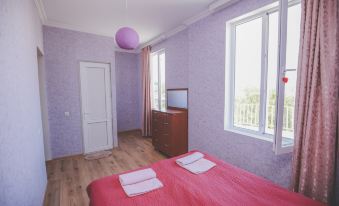 a bedroom with a wooden floor , purple walls , and a bed with pink sheets and pillows at Veranda