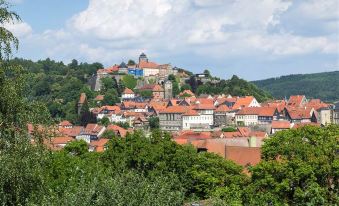 a picturesque town with red - tiled roofs and a castle - like building on a hill , surrounded by lush greenery at Hotel Bauer
