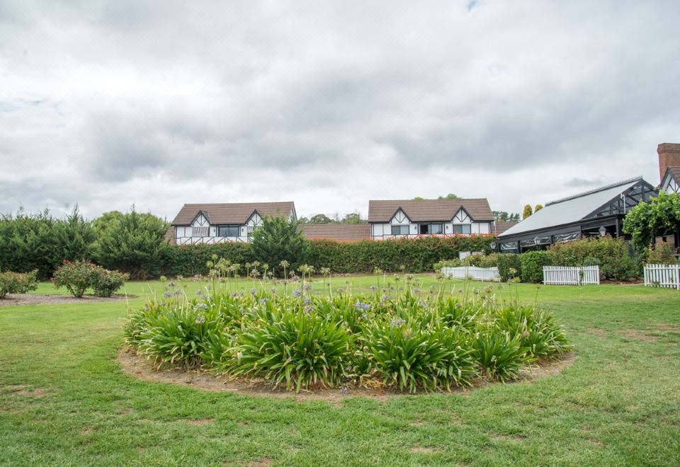 a large grassy field with a circular hedge in the foreground , surrounded by several houses at Mick O'Sheas