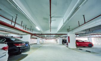a parking garage with multiple rows of cars parked in designated spaces , and a red track leading to the doors at Vienna Hotels