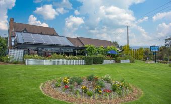 a large house with a green lawn and colorful flowers in front of it , under a blue sky at Mick O'Sheas
