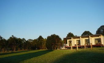 a grassy field with a wooden house on one side and trees in the background at Narangba Motel (Formerly Brisbane North B&B and Winery)