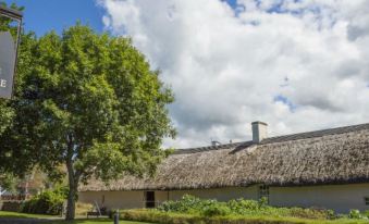 a thatched - roof house surrounded by green grass and trees , with a blue sky in the background at The Anchorage Hotel