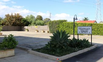 a parking lot with a sign and potted plants , including a pineapple plant in the foreground at Arena Hotel (Formerly Sleep Express Motel)