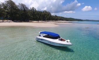 a small white boat with a blue tarp on top is floating in the water near a sandy beach at Seafar Resort