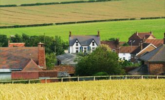 a rural landscape with a house surrounded by a wheat field and a field of corn at The Blue Bell Inn