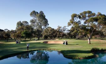 a golf course with a pond in the foreground and a group of people playing golf at Renmark Country Club