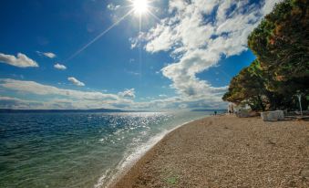 a serene beach scene with a sandy shore , a clear blue sky , and a sun shining brightly at Tui Blue Makarska