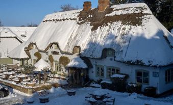 a snow - covered traditional british pub , with thatched roof and surrounding trees , under a clear blue sky at The Hatchet Inn