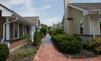 a narrow brick pathway is lined with houses on both sides of a sunny day at The Champagne Lodge & Luxury Suites