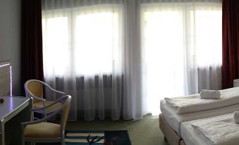 a living room with two couches , one on the left side and the other on the right side of the room at Hotel Brunnenhof