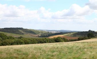 a vast green field with rolling hills and trees in the distance , under a blue sky dotted with clouds at The Hatchet Inn