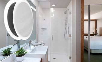 a modern bathroom with a white sink , shower , and mirror , as well as a potted plant on the counter at SpringHill Suites Columbia