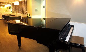 a black grand piano in a room , accompanied by a dining table and chairs , as well as a chair nearby at Hotel Castillo