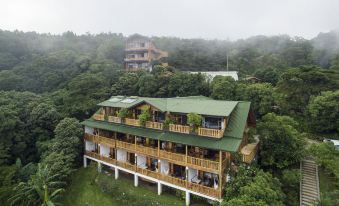 an aerial view of a large wooden building surrounded by trees , with a green roof and balcony at Hotel Belmar