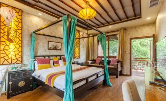 The bedroom features a spacious bed, an open-air design with wooden ceiling beams, and drapes at Zhouzhuang Latte Play Stone Mulan Hotel