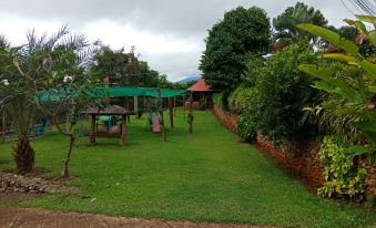 a lush green garden with a variety of trees and shrubs , as well as a wooden walkway leading to a gazebo at Phufatara Resort