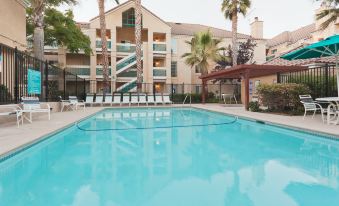 an outdoor swimming pool surrounded by multiple buildings , with lounge chairs and umbrellas placed around the pool area at Sonesta ES Suites San Francisco Airport San Bruno