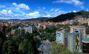 a cityscape with a mix of residential and commercial buildings , surrounded by trees and mountains at Bog Hotel