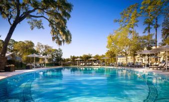 a large outdoor swimming pool surrounded by trees and grass , with several lounge chairs and umbrellas placed around the pool area at Montage Palmetto Bluff