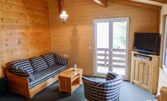 a cozy wooden cabin interior with a blue and white checkered couch , wooden furniture , and a television at Chalet Ninette