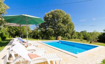 a large swimming pool surrounded by several lounge chairs and umbrellas , providing a relaxing atmosphere for guests at Mila