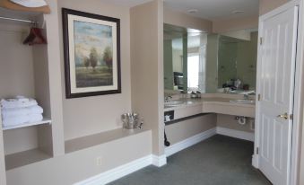a hotel bathroom with beige walls , a mirror above the sink , and a painting on the wall at Stone Waters Inn