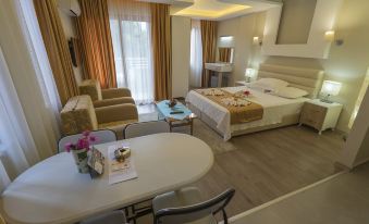 a modern hotel room with a bed , dining table , and chairs , as well as a living area with a couch at Arya Otel