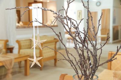 a table with a vase of twigs and two starfish hanging from the ceiling , creating a coastal ambiance at Hotel Summery