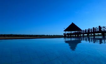 a large blue swimming pool with a hut in the background , surrounded by grass and trees at VOI Wildlife Lodge