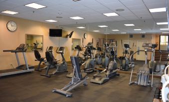 a well - equipped gym with various exercise equipment , including treadmills , ellipticals , and stationary bikes , under a ceiling at Holiday Inn Hazlet