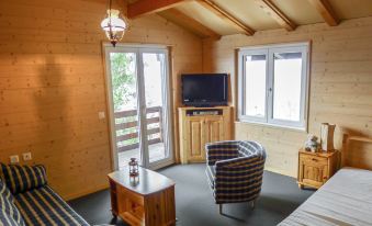 a cozy living room with wooden walls and furniture , including a couch , chairs , and a television at Chalet Ninette