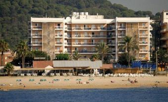 a beach scene with a tall building and palm trees , as well as a group of people enjoying their time on the sand at Hotel Sorra Daurada Splash