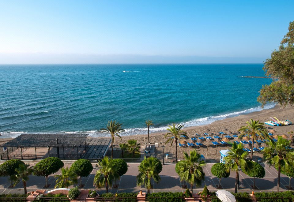 a beautiful beachfront resort with palm trees , umbrellas , and people enjoying the view of the ocean at El Fuerte Marbella