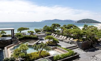 a rooftop pool overlooking the ocean , with several lounge chairs and umbrellas placed around it at Paradise Hotel Busan