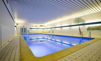 an indoor swimming pool with a blue and white tiled floor , surrounded by white walls at Fletcher Hotel Restaurant de Wipselberg-Veluwe