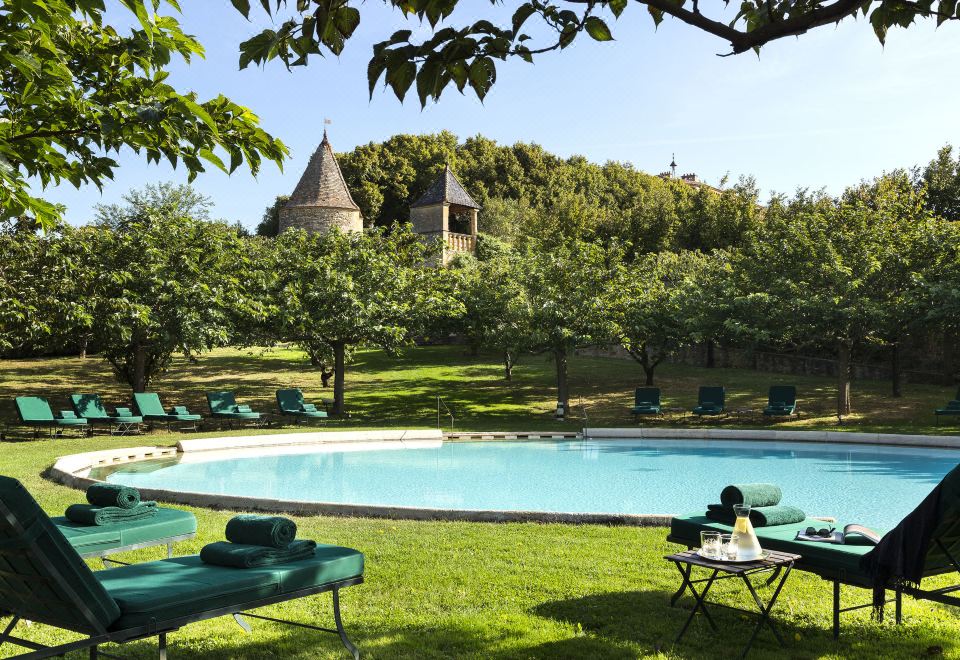 a large pool surrounded by lush green grass , with several lounge chairs and umbrellas placed around the pool at Château de Bagnols