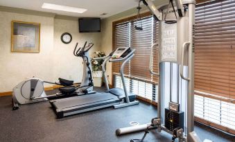a gym with various exercise equipment , including treadmills and stationary bikes , is located near a window at Quality Inn South Hill I-85