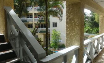 a balcony with a view of a building and palm trees , seen through the open window at Suva Motor Inn