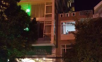 a building with a green and white facade is lit up at night , accompanied by trees at Green Hotel
