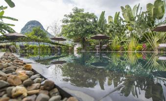 a serene outdoor setting with a large swimming pool surrounded by lush greenery , umbrellas , and umbrellas on the ground at Tam Coc Garden Resort
