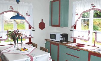 a small kitchen with green cabinets , a dining table with chairs , and a microwave oven at Juv