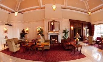 a luxurious living room with red carpet , a fireplace , and several pieces of furniture arranged around it at Clanard Court Hotel