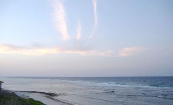 a serene beach scene with a cloudy sky and a body of water in the background at Ocean Paradise