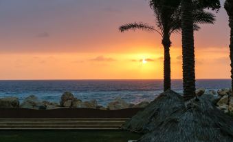 a sunset over the ocean with palm trees and rocks in the foreground , while the sun is setting behind the horizon at Four Seasons Halat