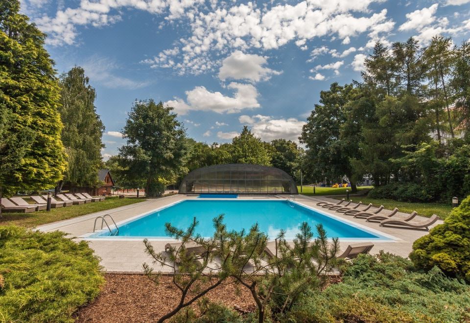 a large outdoor swimming pool surrounded by trees , with lounge chairs and umbrellas placed around the pool area at Hotel Pod Lipou Resort