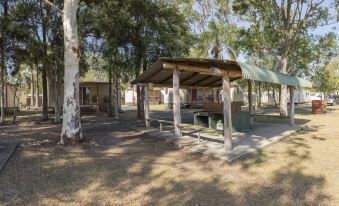 a wooden shelter with a green roof is surrounded by trees and has picnic tables at Lismore Lake Holiday Park