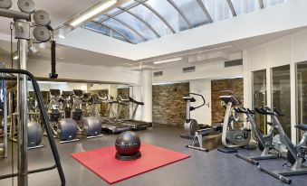 a well - equipped gym with various exercise equipment , including treadmills , weight machines , and free weights , under a skylight at Park Plaza Victoria Amsterdam
